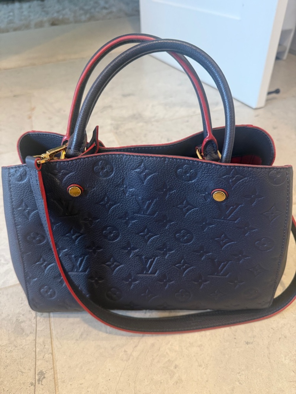 Louis Vuitton Midnight Blue Monogram Embossed Satchel with Red Trim - Picture 3 of 5